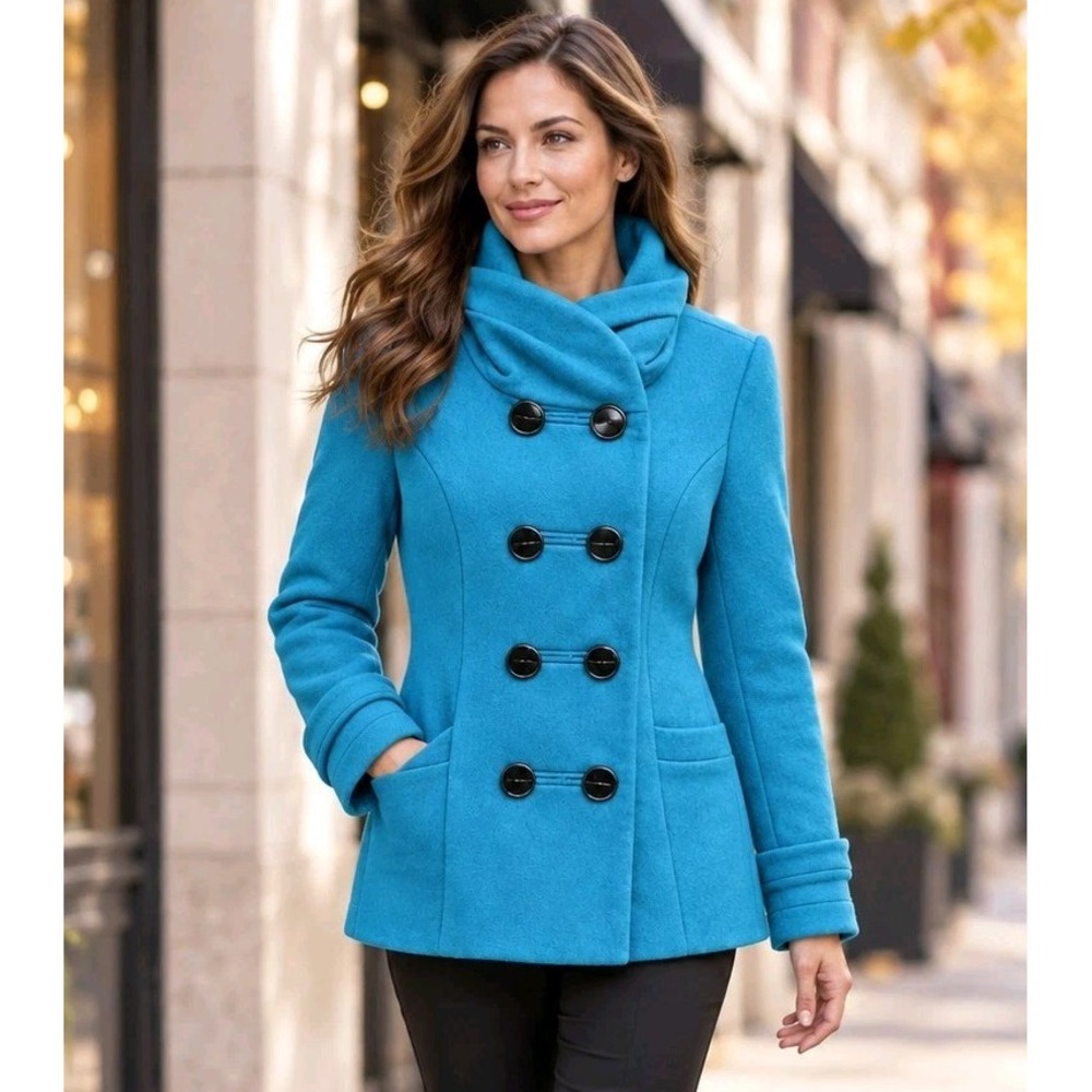 The Limited Wool Blend Double Breasted Teal Pea Coat Women M City Chic Preppy